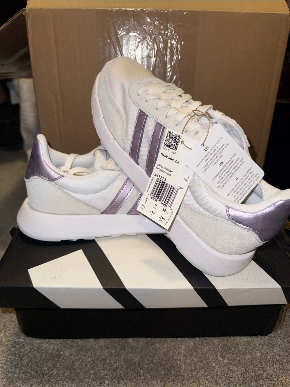 adidas Women’s White Sneakers with Metallic Lavender Stripes